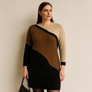 Vintage 80s Colorblock Sweater Dress Size 14 Career Office Knit Bodycon Made USA